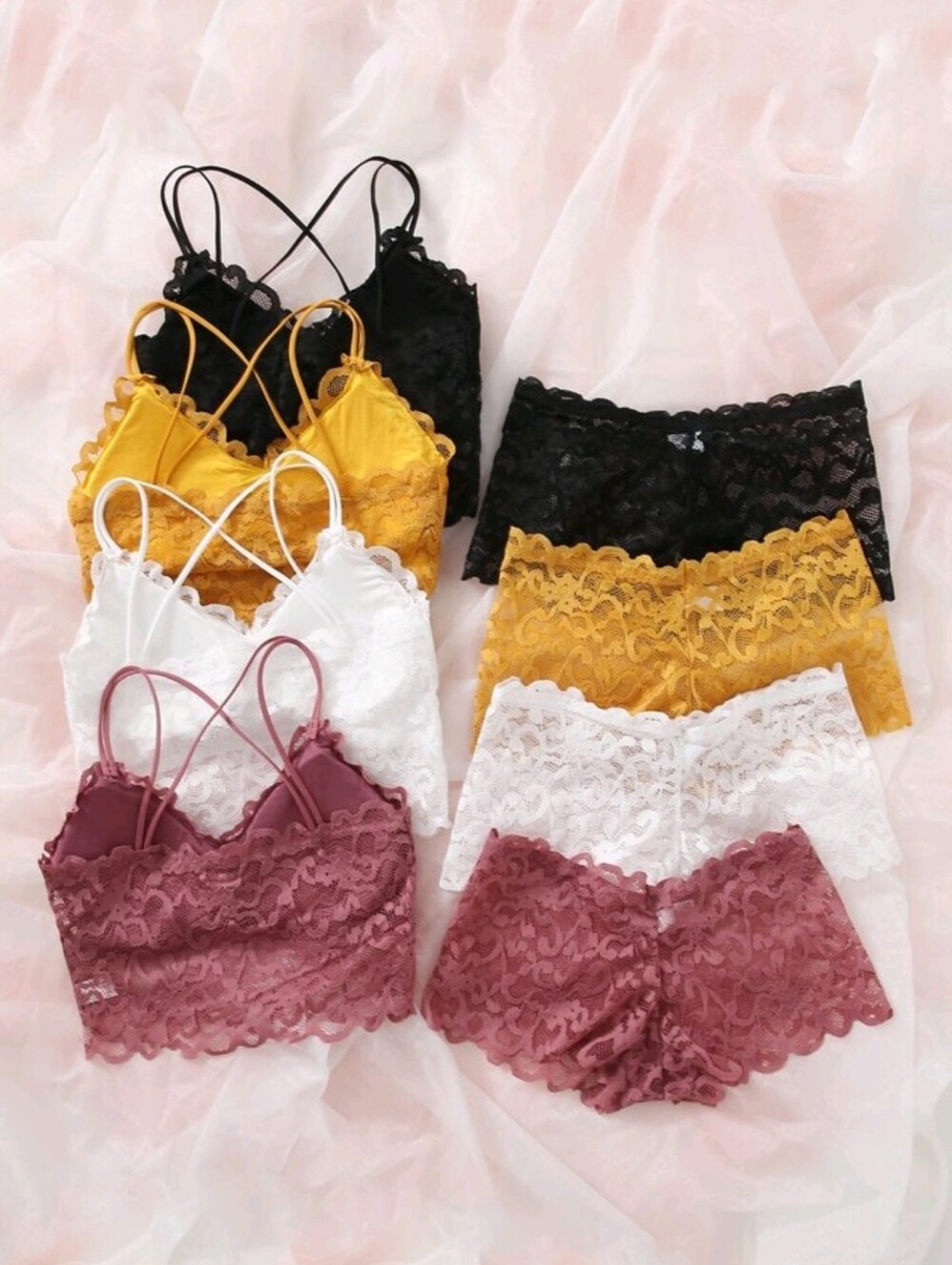 Lace Bralette & Boyshort Set - Black, Mustard, White, Mauve